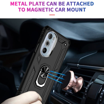 Black rugged phone case with metal ring kickstand and magnetic car-mount plate feature
