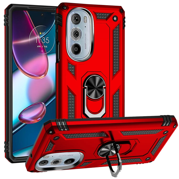 Red shockproof phone case with rugged armor, metal ring kickstand, and textured side grip