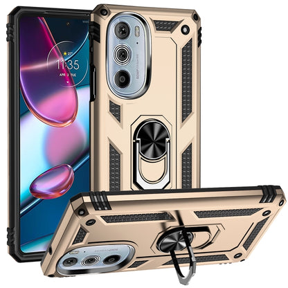 Beige rugged phone case with metal ring kickstand and textured shockproof side rails