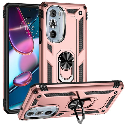 Shockproof TPU PC phone case for Motorola Edge 30 Pro, rose gold with ring stand
