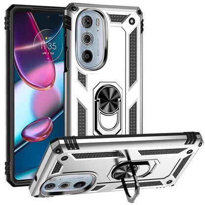 White rugged phone case with metal ring kickstand and raised camera protection