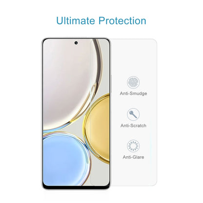 Tempered glass screen protector film with anti-smudge, anti-scratch, and anti-glare labels.