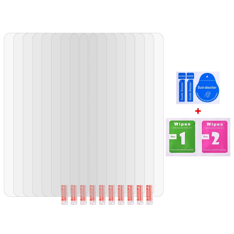 10 clear tempered glass screen protectors stacked, with cleaning wipes included