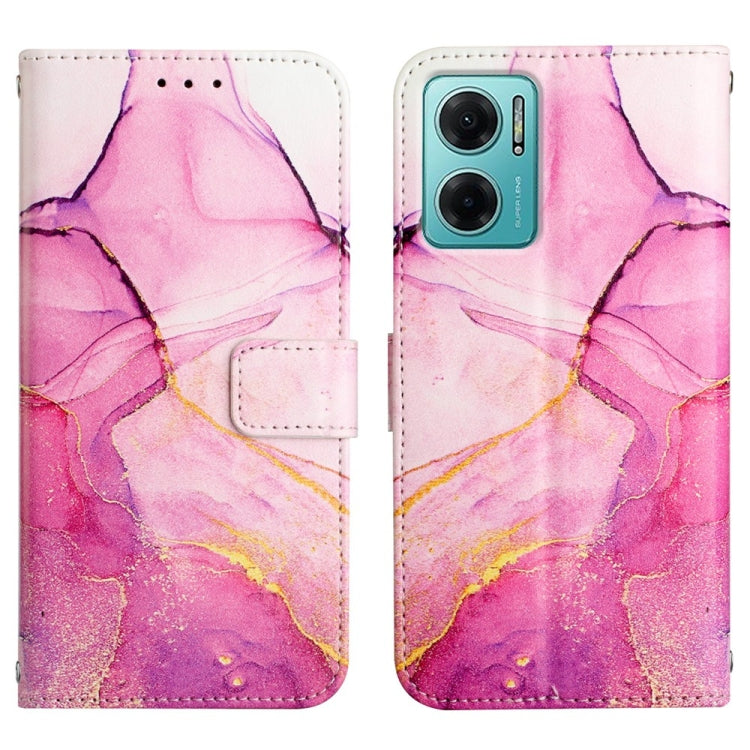 Pink marble flip leather phone case with front card slots and dual camera cutout