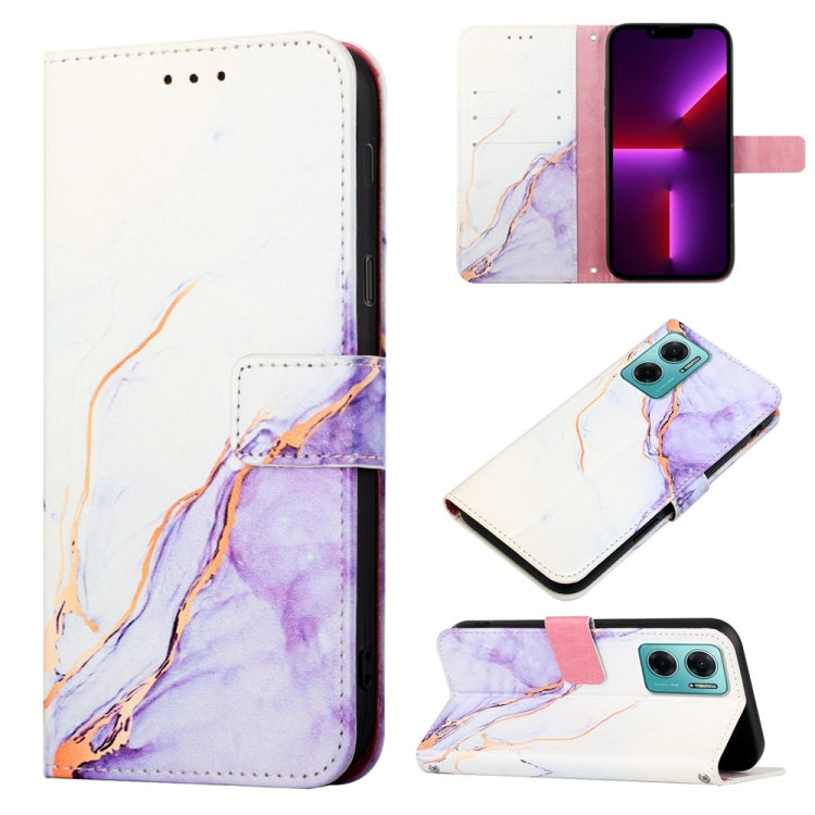 Marble-pattern flip leather phone case with lavender and white marbling, front and side view.