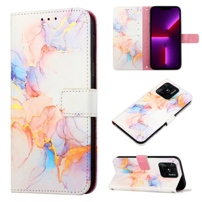 Marble-pattern flip leather phone case with peach, pink, and blue marbling, front and wallet-clip view.