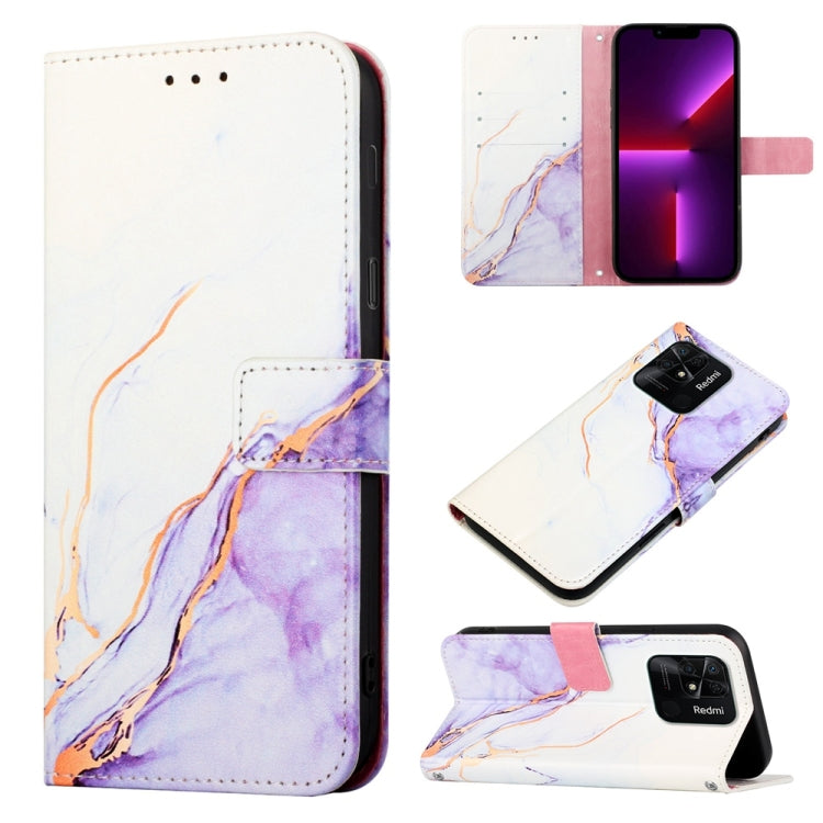 Marble-pattern flip leather phone case with lavender-white marbling, front and horizontal card slot view.