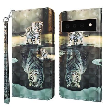 Printed TPU leather folio phone case with wrist strap; cat/tiger artwork on front and back.