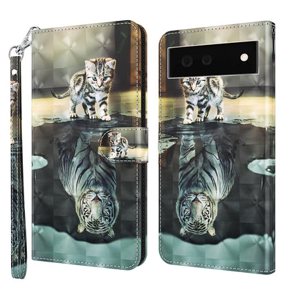 Printed TPU leather folio phone case with wrist strap; cat/tiger artwork with side stitching details.
