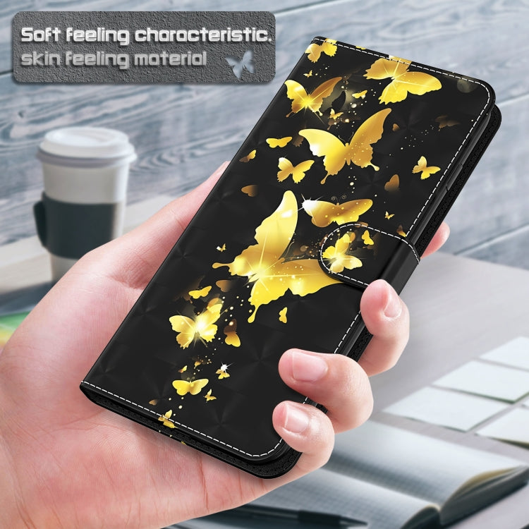 Black wallet phone case with yellow butterfly 3D pattern, held in hand