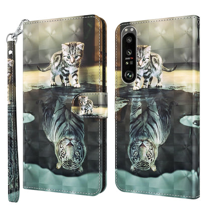 Light beige wallet phone case with 3D tabby cat pattern, camera cutout, wrist strap