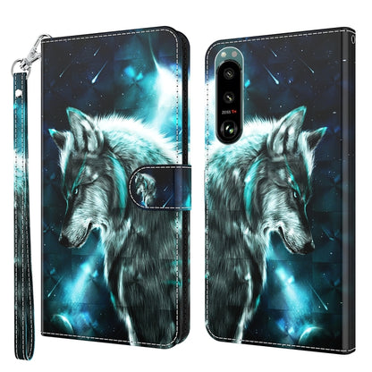 Blue wolf 3D pattern phone case with wallet-style cover and stitched edges