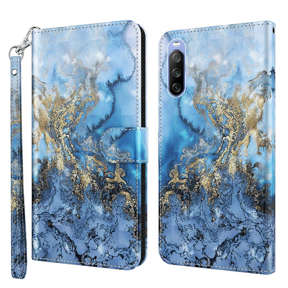 Phone case with blue and gold marbled pattern, leather-look finish, wrist strap, camera cutout