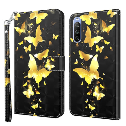 Black wallet-style phone case with 3D gold butterfly pattern and wrist strap