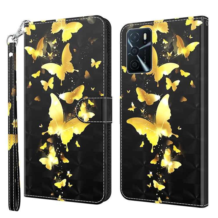 Black wallet-style phone case with 3D gold butterflies and camera cutout, wrist strap