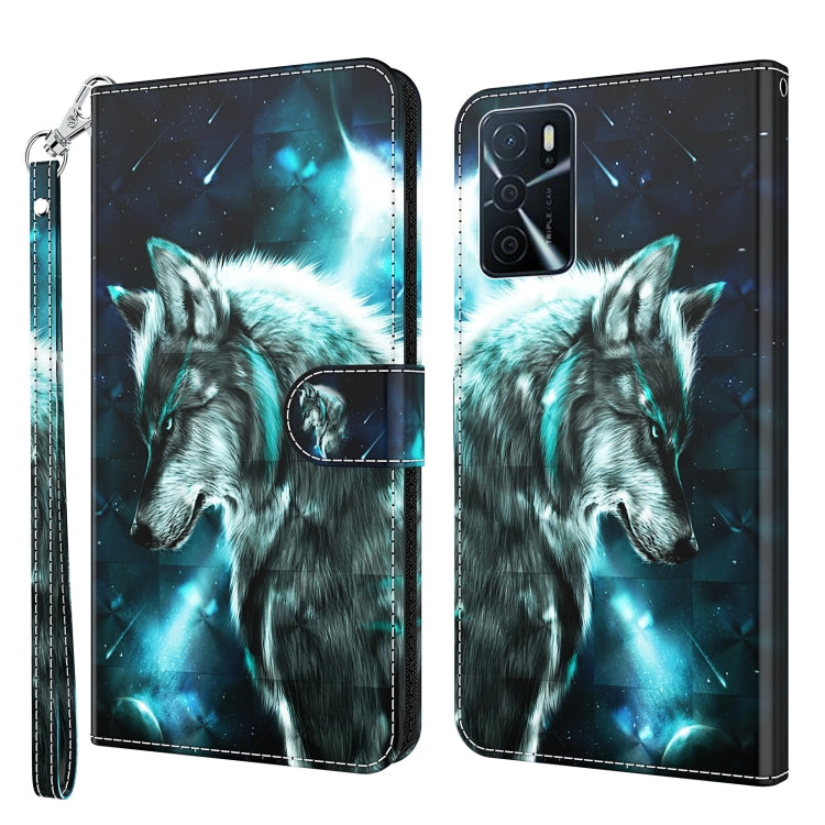 Blue wolf 3D pattern wallet phone case with lens cutouts and wrist strap