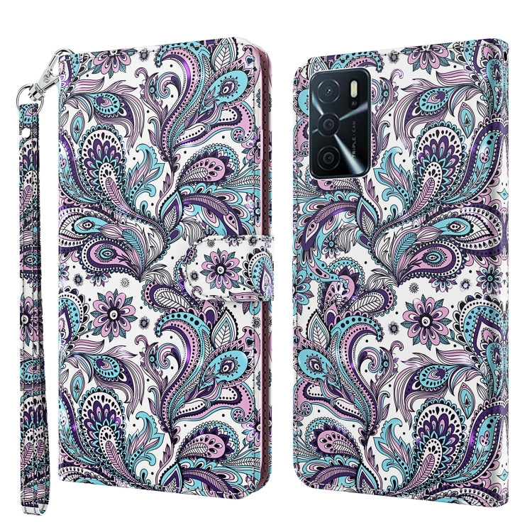 White phone case with purple and teal paisley floral pattern, wrist strap, camera cutouts
