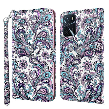 White phone case with purple and teal paisley floral pattern, wrist strap, camera cutouts
