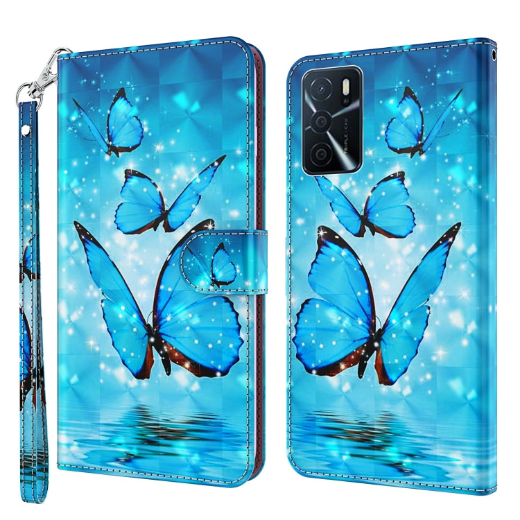 Blue butterfly flip phone case with wrist strap, camera cutout on the back