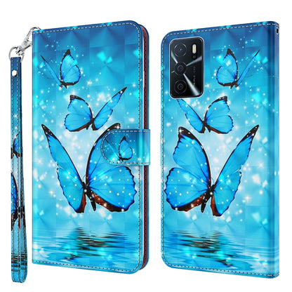 Blue butterfly flip phone case with wrist strap, camera cutout on the back