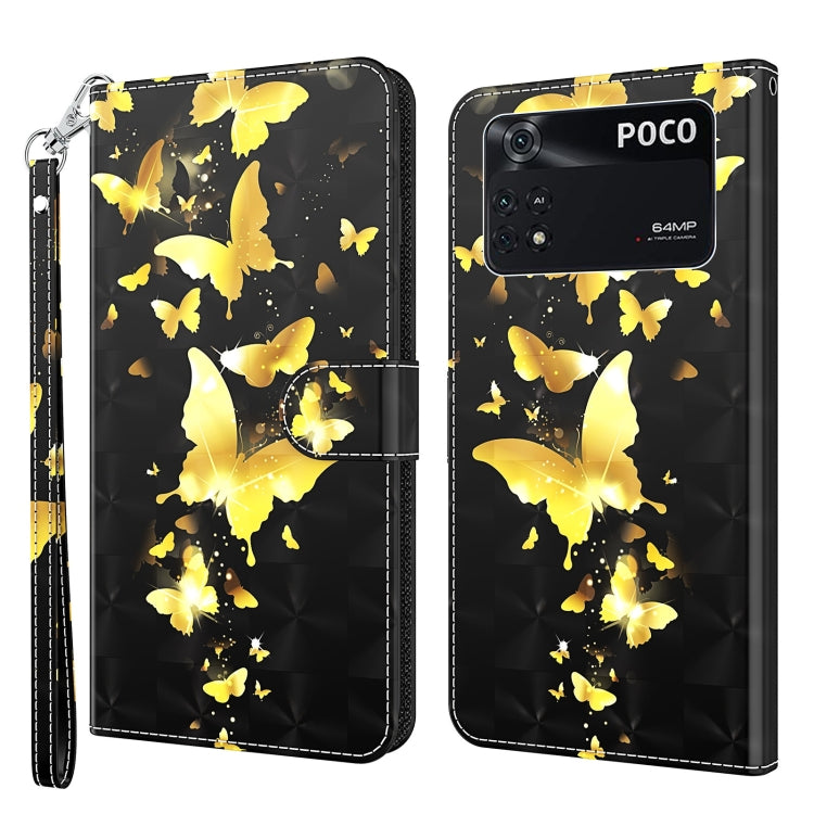 Phone case with black background and gold butterfly 3D painting pattern, wallet-style folio.