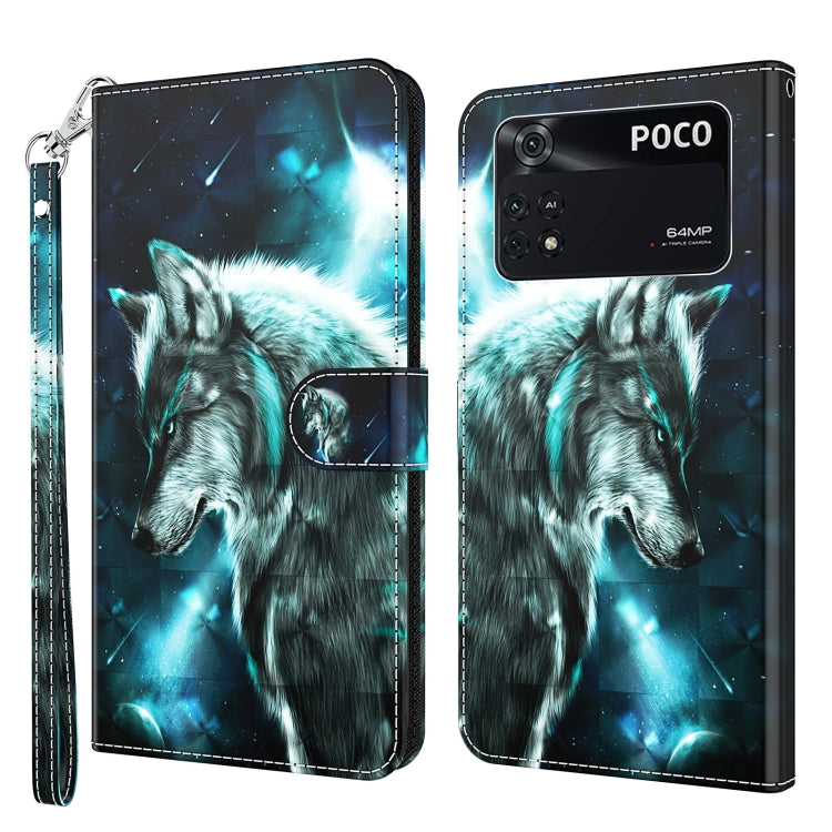 Phone case with blue-gray wolf 3D painting pattern on black folio cover.