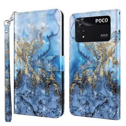 Blue phone case with gold watercolor map-style 3D painting pattern on folio cover.