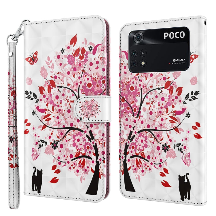 Phone wallet case with pink floral tree pattern, cat silhouettes, wrist strap, flip cover