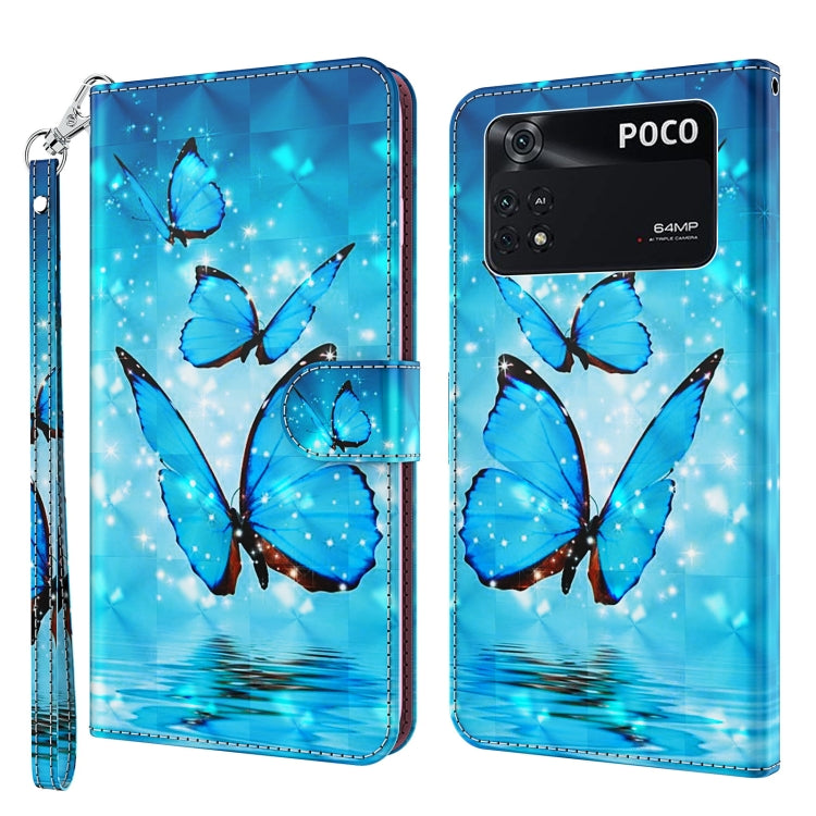 Phone wallet case with blue butterflies on starry background, wrist strap, flip cover