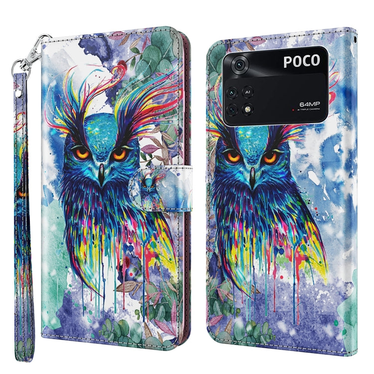 Phone wallet case with colorful watercolor owl design, wrist strap, and flip cover