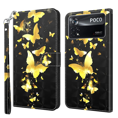 Phone wallet case with golden butterflies on dark background, wrist strap, flip cover
