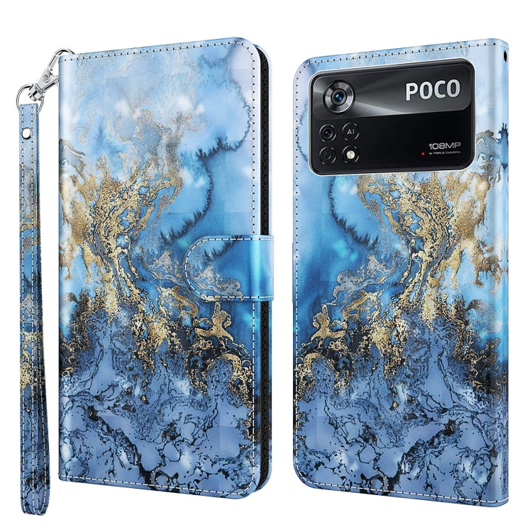 Phone wallet case with blue watercolor tree/map pattern and gold accents, wrist strap, flip cover