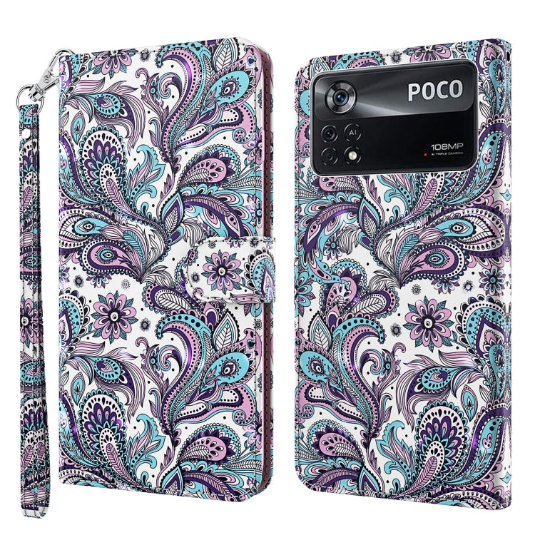 Printed phone wallet case with wrist strap, paisley bird pattern in purple and teal
