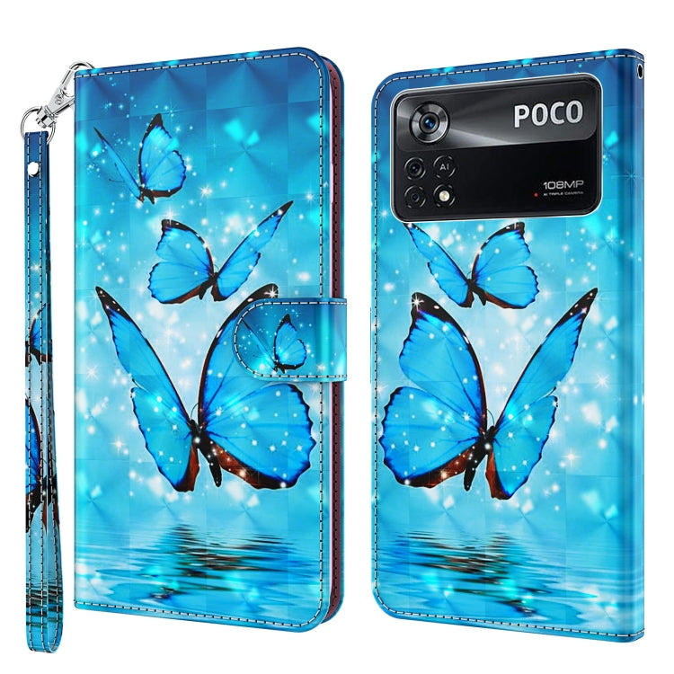 Printed phone wallet case with wrist strap, blue butterflies and stars on scenic background