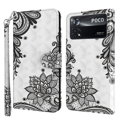 Printed phone wallet case with wrist strap, white and black floral lotus pattern