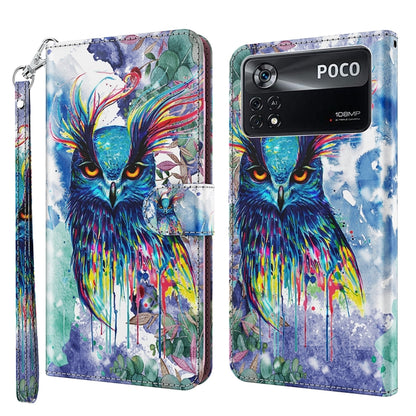 Printed phone wallet case with wrist strap, colorful owl artwork on blue watercolor background