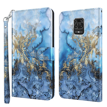 Printed phone wallet case with wrist strap, blue marble look with gold floral swirl
