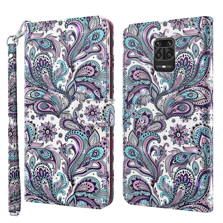 3D paisley print phone case with purple, teal, and white bird motif; wrist strap