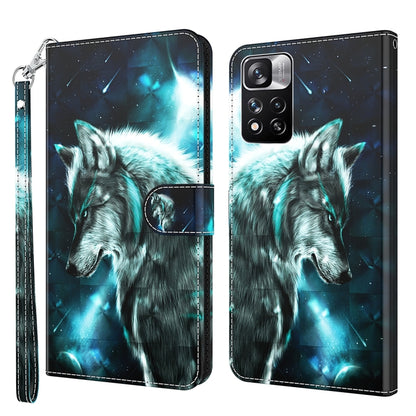 3D wolf portrait phone case in teal and blue night theme; folio stand and wrist strap