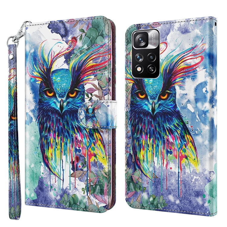 Colorful watercolor owl phone case with multicolor splashes and wrist strap, flip