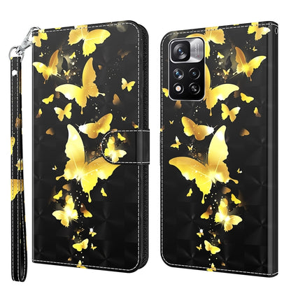 Butterfly scatter phone case in black with yellow butterflies and wrist strap, flip