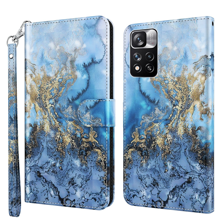 Blue marble phone case with gold ornamental pattern and wrist strap, flip cover