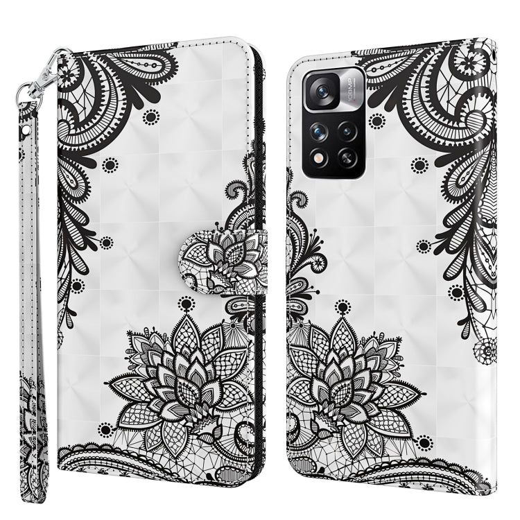 Floral lace patterned folio phone case with wrist strap, black ink lotus design on white.