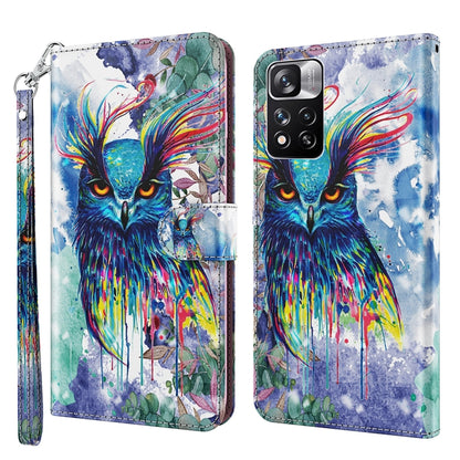 Watercolor owl patterned folio phone case with wrist strap, blue multi-color bird artwork.