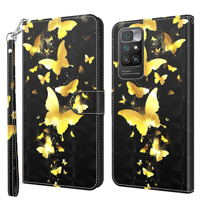 Black phone case with glowing yellow butterfly silhouettes, wallet-style flap and wrist strap
