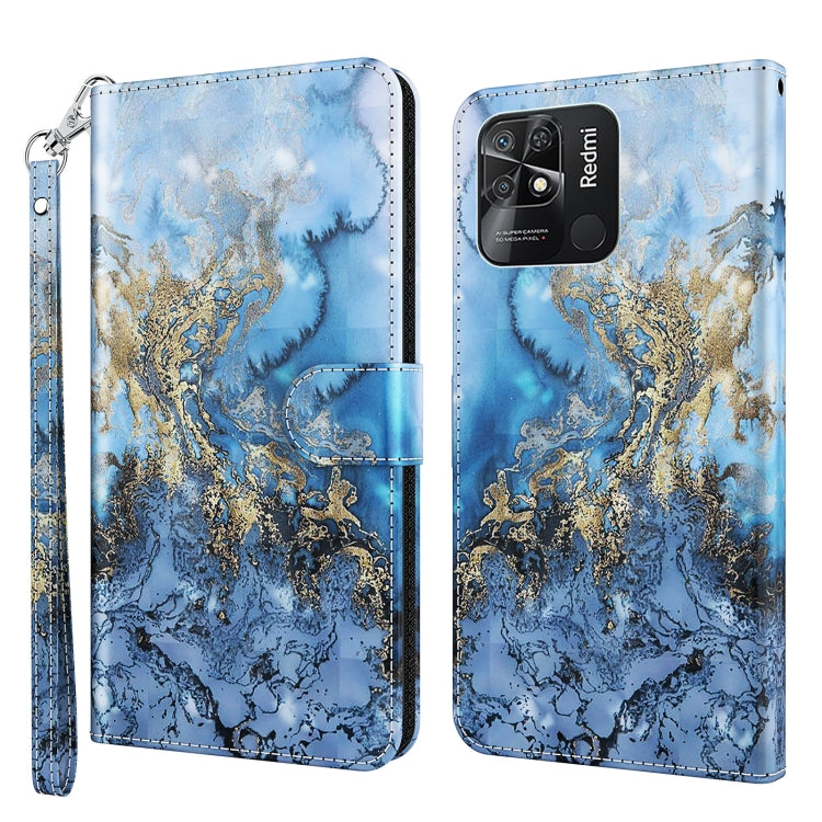 Folio phone case with wrist strap, blue and gold abstract map pattern.