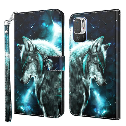 Blue wolf 3D pattern folio phone case with magnetic strap and wrist lanyard