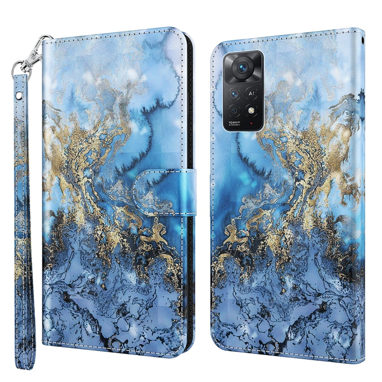 3D painting pattern TPU PU leather phone case with blue ocean and gold marbled swirl design