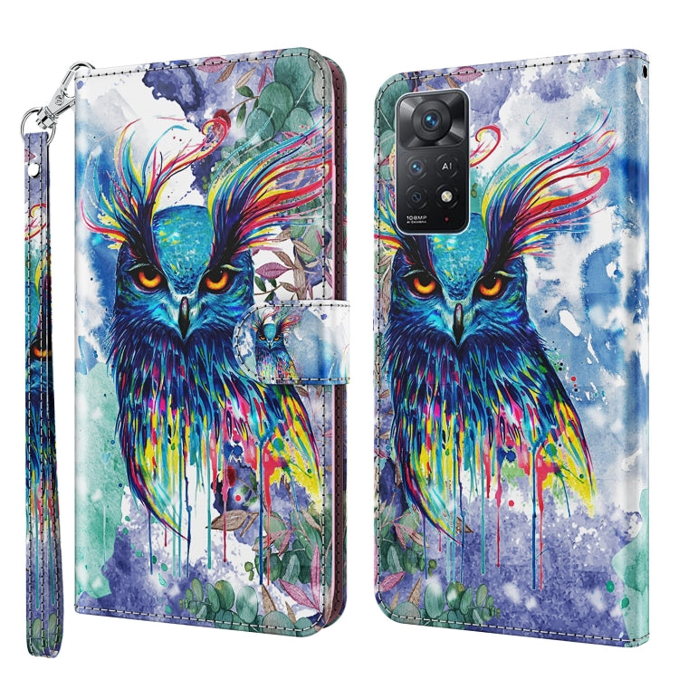 Phone case with colorful watercolor owl design and wrist strap, folio-style cover