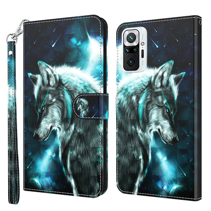 Phone case with blue wolf in night sky design and wrist strap, folio-style cover